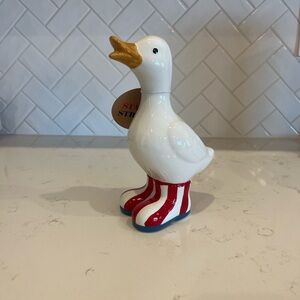 Patriotic White Ceramic Duck with Red Striped Boots